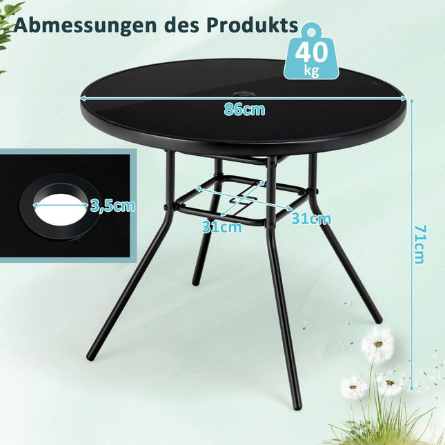 Gartentisch mit Hartglasplatte Terrassentisch mit Schirmloch 86 x 86 x 71 cm schwarz