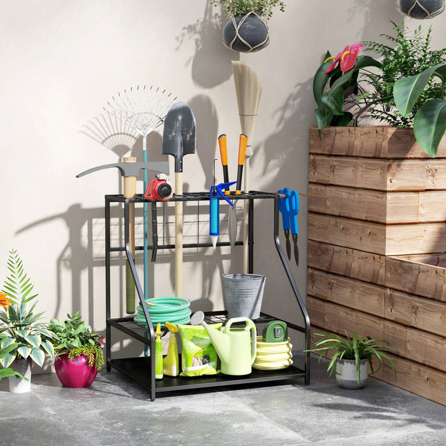 Garden tool organizer in 3 levels with hooks, holds 20 tools