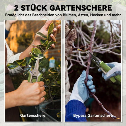 Gartengeräte-Set 2-teilig Gartengerät aus Edelstahl Gartenwerkzeuge mit Gartenschere Astschere grün + silber