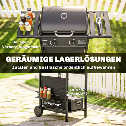 Gasgrill 5 kW, 2 Brenner, Edelstahl, Seitenablagen