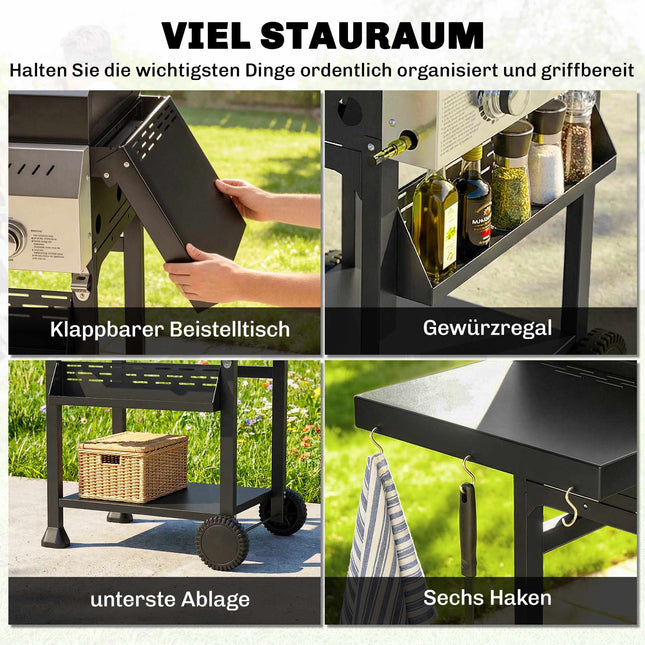 Gasgrill 9kW, 3 Brenner, Edelstahl, klappbare Ablagen
