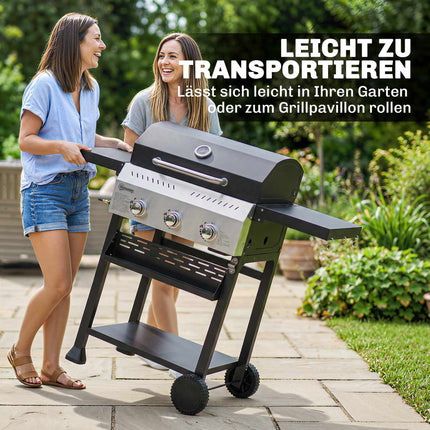Gasgrill 9kW, 3 Brenner, Edelstahl, klappbare Ablagen