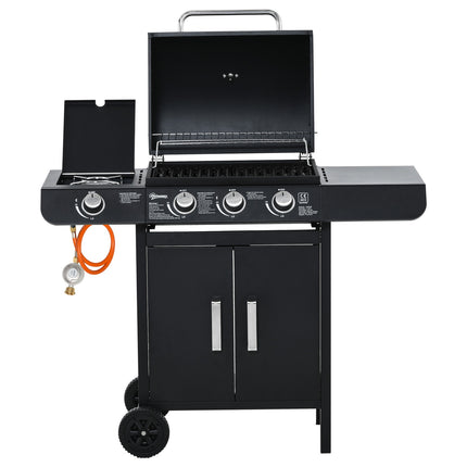 Barbecue à gaz sur chariot avec 3 brûleurs, 1 brûleur latéral, réducteur de pression, tuyaux, armoire multifonction, acier noir, 110 x 50 x 100 cm