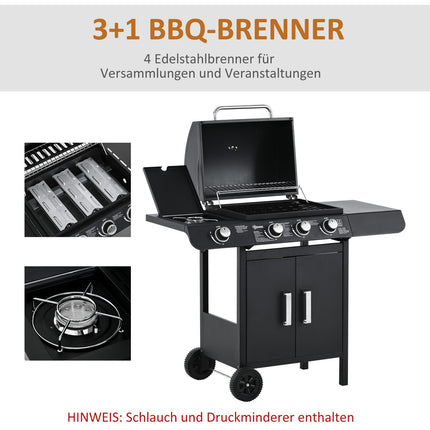 Barbecue à gaz sur chariot avec 3 brûleurs, 1 brûleur latéral, réducteur de pression, tuyaux, armoire multifonction, acier noir, 110 x 50 x 100 cm