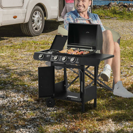 Barbecue à gaz sur chariot avec 3 brûleurs, 1 brûleur latéral, réducteur de pression, tuyaux, armoire multifonction, acier noir, 110 x 50 x 100 cm
