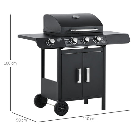 Barbecue à gaz sur chariot avec 3 brûleurs, 1 brûleur latéral, réducteur de pression, tuyaux, armoire multifonction, acier noir, 110 x 50 x 100 cm