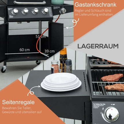 Gasgrill, 3 Brenner, fahrbarer Unterschrank mit Seitenablage