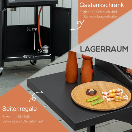 3-Flammen-Gasgrill, mobiler Wagen, Stahl, mit Seitenablage