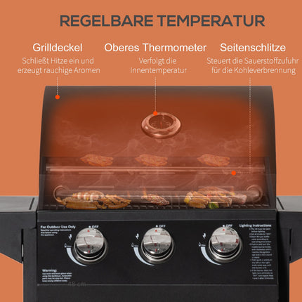 3-Flammen-Gasgrill, mobiler Wagen, Stahl, mit Seitenablage