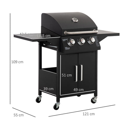 3-Flammen-Gasgrill, mobiler Wagen, Stahl, mit Seitenablage