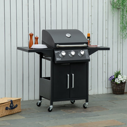 3-Flammen-Gasgrill, mobiler Wagen, Stahl, mit Seitenablage