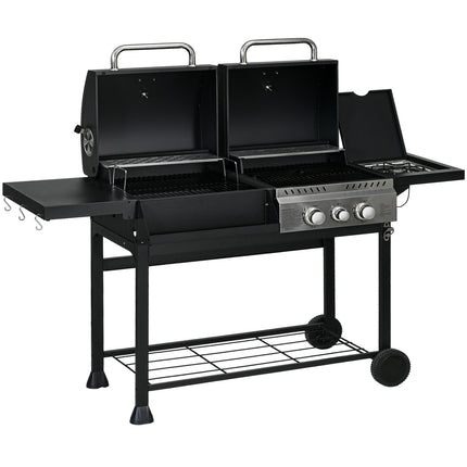 Gasgrillwagen Met 2+1 Brander, Thermometer, 3Kw, Bbq-Houtskoolgrill, Plank, Zijplank, Haak, Camping, Zwart