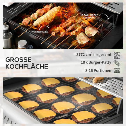 Gasgrillwagen Met 2+1 Brander, Thermometer, 3Kw, Bbq-Houtskoolgrill, Plank, Zijplank, Haak, Camping, Zwart