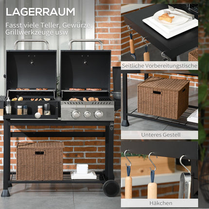 Gasgrillwagen Met 2+1 Brander, Thermometer, 3Kw, Bbq-Houtskoolgrill, Plank, Zijplank, Haak, Camping, Zwart