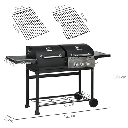 Gasgrillwagen Met 2+1 Brander, Thermometer, 3Kw, Bbq-Houtskoolgrill, Plank, Zijplank, Haak, Camping, Zwart
