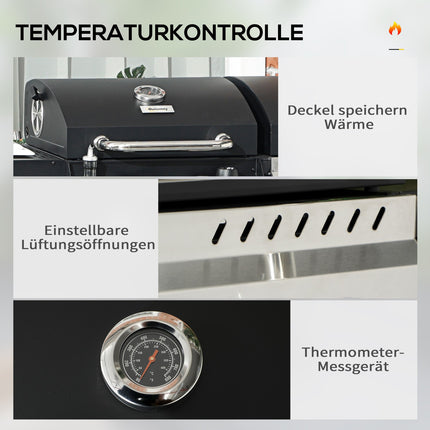 Gasgrillwagen Met 2+1 Brander, Thermometer, 3Kw, Bbq-Houtskoolgrill, Plank, Zijplank, Haak, Camping, Zwart