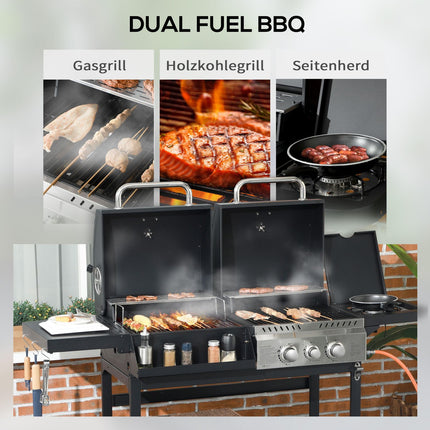 Gasgrillwagen Met 2+1 Brander, Thermometer, 3Kw, Bbq-Houtskoolgrill, Plank, Zijplank, Haak, Camping, Zwart