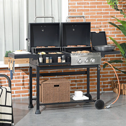 Gasgrillwagen Met 2+1 Brander, Thermometer, 3Kw, Bbq-Houtskoolgrill, Plank, Zijplank, Haak, Camping, Zwart