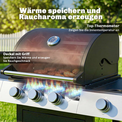 Plynový gril se 3 hořáky, boční hořák, litinové rošty