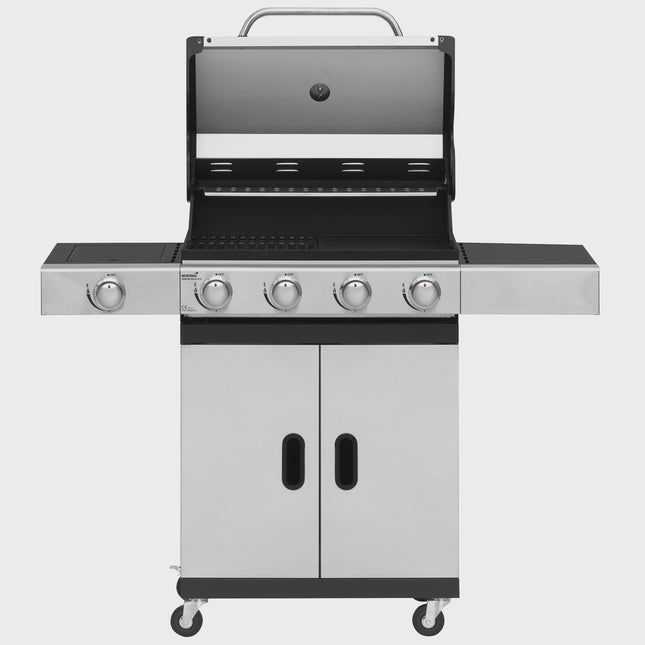 Gasgrill mit 4 Brennern und Seitenbrenner, 63x38 cm Grillfläche