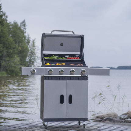Plynový gril se 4 hořáky a bočním hořákem, grilovací plocha 63x38 cm