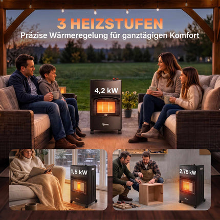 Gas Heater 1.5-4.2 kW with 3 Heat Settings and Wheels, Foldable, Cover, Black