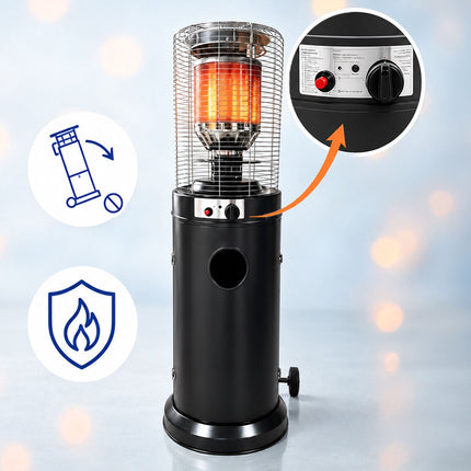 Gas Patio Heater 10-11 kW with Piezo Ignition and Castors, Cover, Black