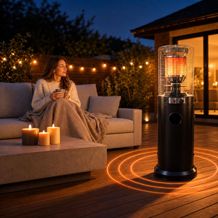 Gas Patio Heater 10-11 kW with Piezo Ignition and Castors, Cover, Black