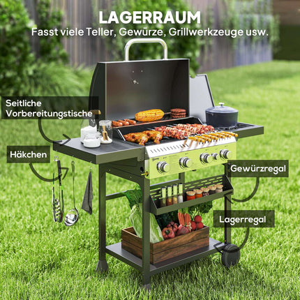 Edelstahl-Gasgrill, 12KW, 4+1 Brenner, mit Thermometer