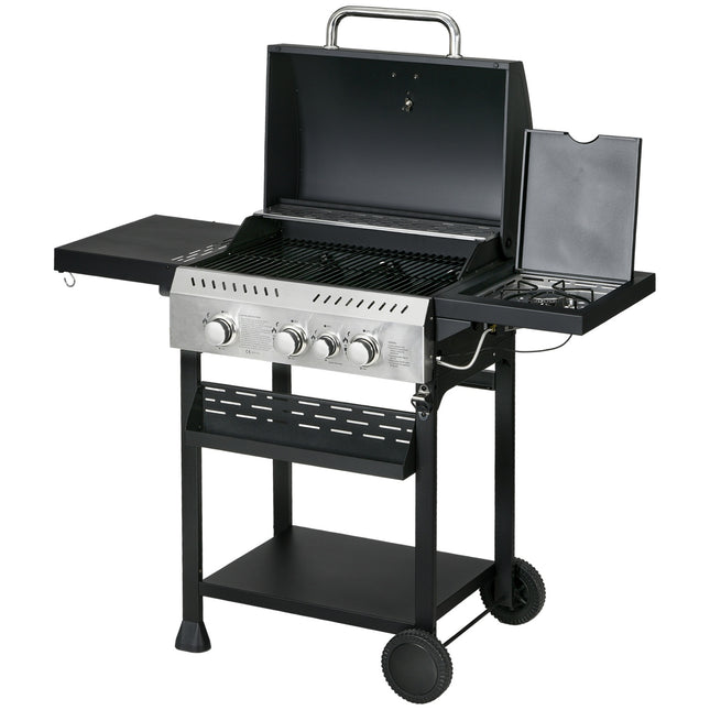 Gas grill with 3 burners in stainless steel with side burners and shelves