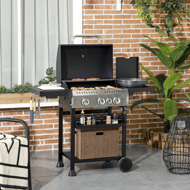 Gas grill with 3 burners in stainless steel with side burners and shelves