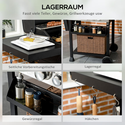 Gasgrill 3 KW 3 + 1 brander BBQ-grillwagen van roestvrij staal inclusief zijbrander, thermometer, grillrooster, kookplaat, flesopener, zijplanken, gasgrill voor balkon, camping 123 x 52 x 101 cm |
