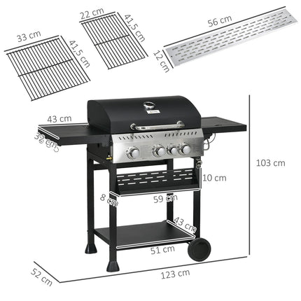Gasgrill 3 KW 3 + 1 brander BBQ-grillwagen van roestvrij staal inclusief zijbrander, thermometer, grillrooster, kookplaat, flesopener, zijplanken, gasgrill voor balkon, camping 123 x 52 x 101 cm |