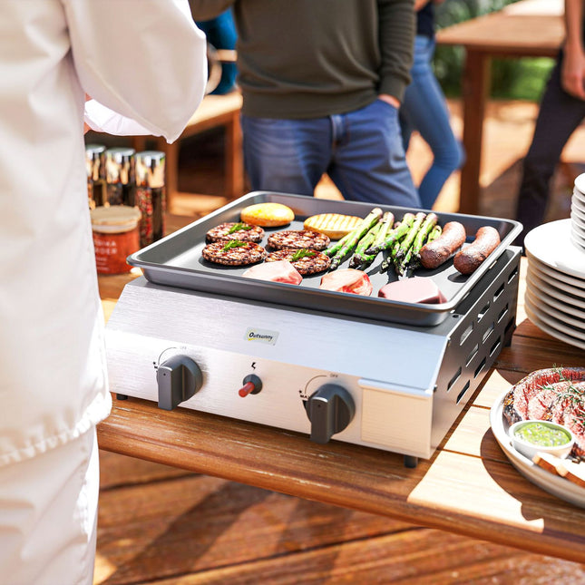 Gas grill with 2 burners & adjustable legs, 44x44.5x19 cm