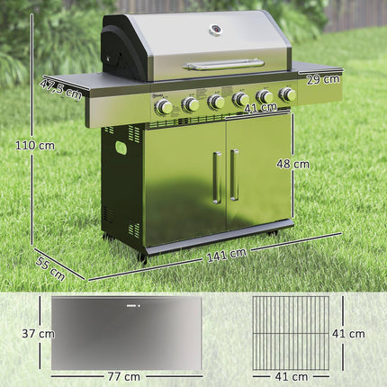 Gasgrill 8500BTU grillwagen inclusief 6 roestvrijstalen branders rolthermometer drukregelaar gasslang deksel zijplanken, BBQ tuingrill voor balkon, campinggrill 141 x 55 x 110 cm |