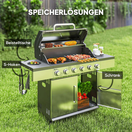 Gasgrill 8500BTU grillwagen inclusief 6 roestvrijstalen branders rolthermometer drukregelaar gasslang deksel zijplanken, BBQ tuingrill voor balkon, campinggrill 141 x 55 x 110 cm |