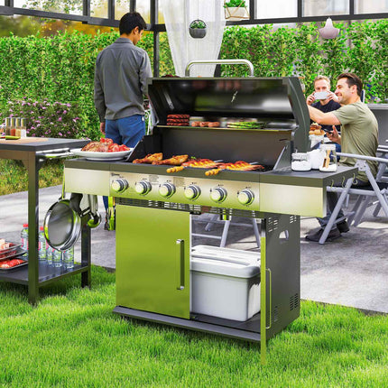 Gasgrill 8500BTU grillwagen inclusief 6 roestvrijstalen branders rolthermometer drukregelaar gasslang deksel zijplanken, BBQ tuingrill voor balkon, campinggrill 141 x 55 x 110 cm |