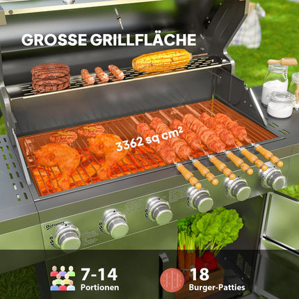 Gasgrill 8500BTU grillwagen inclusief 6 roestvrijstalen branders rolthermometer drukregelaar gasslang deksel zijplanken, BBQ tuingrill voor balkon, campinggrill 141 x 55 x 110 cm |