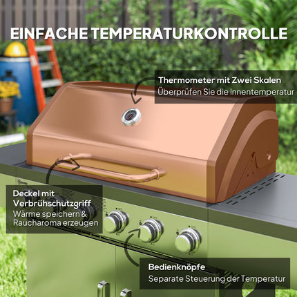 Gasgrill 8500BTU grillwagen inclusief 6 roestvrijstalen branders rolthermometer drukregelaar gasslang deksel zijplanken, BBQ tuingrill voor balkon, campinggrill 141 x 55 x 110 cm |