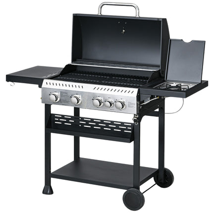 Gasgrillwagen, 4+1 Brenner, Thermometer, Räder, schwarz