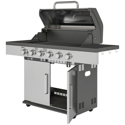 Gasgrill 8500BTU grillwagen inclusief 6 roestvrijstalen branders rolthermometer drukregelaar gasslang deksel zijplanken, BBQ tuingrill voor balkon, campinggrill 141 x 55 x 110 cm |