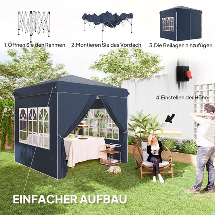 Paviljoen 2,5 x 2,5 m, waterafstotend, stabiel, winterbestendig pop-up vouwpaviljoen, UV-bescherming 50+, opvouwbare partytent, tuintent met 4 zijpanelen, zaktuinpaviljoen voor op de camping, tuin, donkerblauw