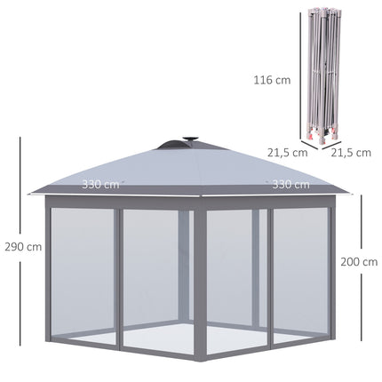 Faltpavillon 3,3x3,3M mit LED, Netzseitenwänden, Sonnenschutz