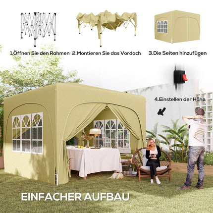 Paviljoen 3x3m, waterafstotend, stabiel, winterbestendig pop-up vouwpaviljoen, UV-bescherming 50+, opvouwbare partytent, tuintent met 4 zijpanelen, zaktuinpaviljoen voor kamperen, tuin, zand