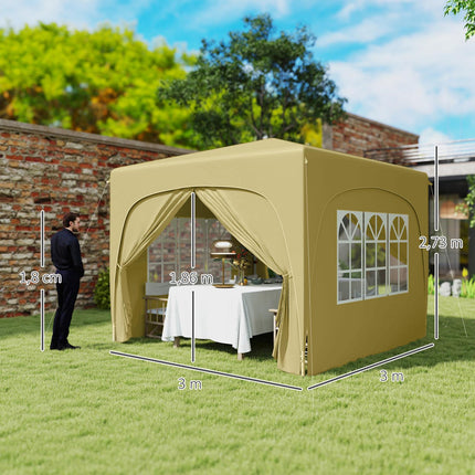 Paviljoen 3x3m, waterafstotend, stabiel, winterbestendig pop-up vouwpaviljoen, UV-bescherming 50+, opvouwbare partytent, tuintent met 4 zijpanelen, zaktuinpaviljoen voor kamperen, tuin, zand
