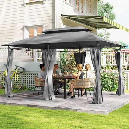 Pavillon 3x4 m mit Vorhängen, Doppel-Dach, Metallgestell