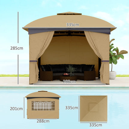 Tuinpaviljoen ca. 3,4x3,4m waterafstotend tuinpaviljoen met 4 zijpanelen, dubbel dak, partytent met UV-bescherming tuintent met gegalvaniseerd metalen frame, voor tuin beige