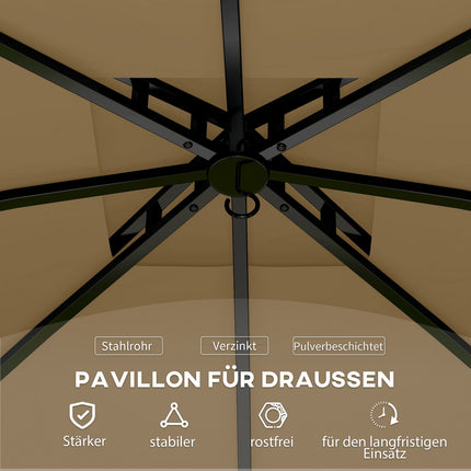 Tuinpaviljoen ca. 3,4x3,4m waterafstotend tuinpaviljoen met 4 zijpanelen, dubbel dak, partytent met UV-bescherming tuintent met gegalvaniseerd metalen frame, voor tuin beige