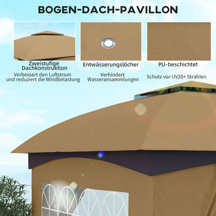 Tuinpaviljoen ca. 3,4x3,4m waterafstotend tuinpaviljoen met 4 zijpanelen, dubbel dak, partytent met UV-bescherming tuintent met gegalvaniseerd metalen frame, voor tuin beige