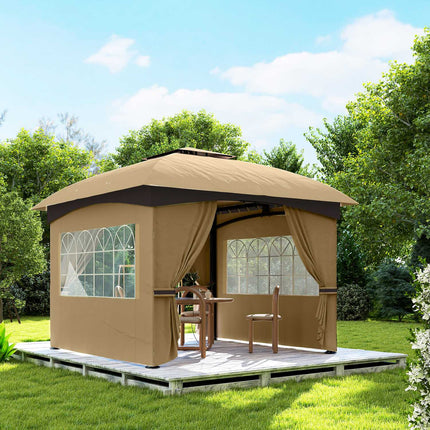 Tuinpaviljoen ca. 3,4x3,4m waterafstotend tuinpaviljoen met 4 zijpanelen, dubbel dak, partytent met UV-bescherming tuintent met gegalvaniseerd metalen frame, voor tuin beige